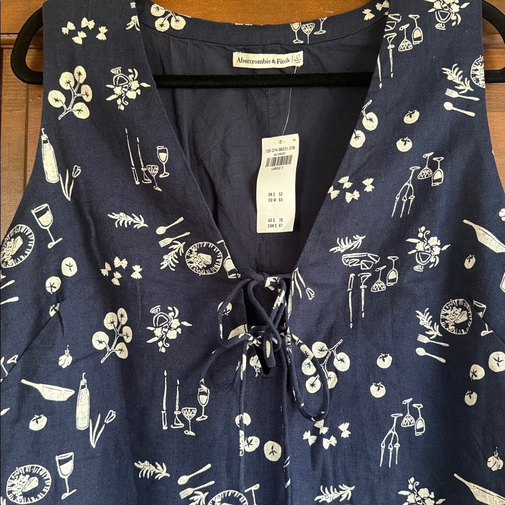 Abercrombie & Fitch Linen-Blend Tie-Front Mini Dress in Navy Patten 🍷🍝🍅 - Picture 10 of 13